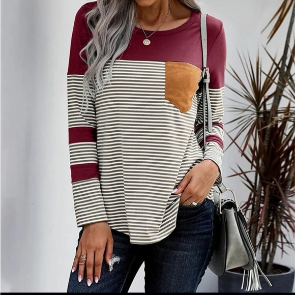 🆕NEW!🛍️Burgundy Striped Pocket Patch Top - Picture 2 of 5
